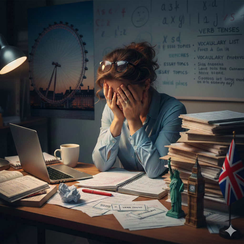 Profesora estresada corrigiendo